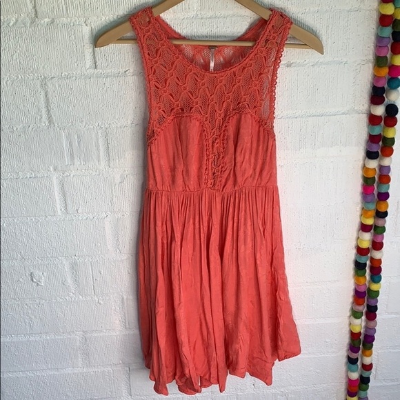 Free People Crochet Embroidered Coral  Lace Fit & Flare Mini Dress sz XS - Picture 3 of 10